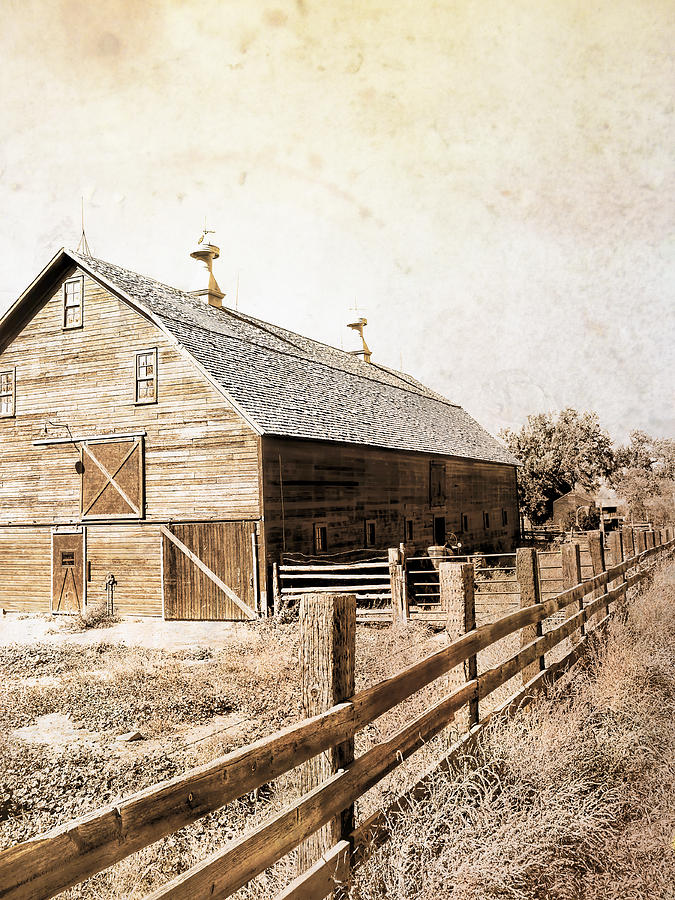 Barn Photograph - Barn And Fence Sepia -textured photo art  by Ann Powell