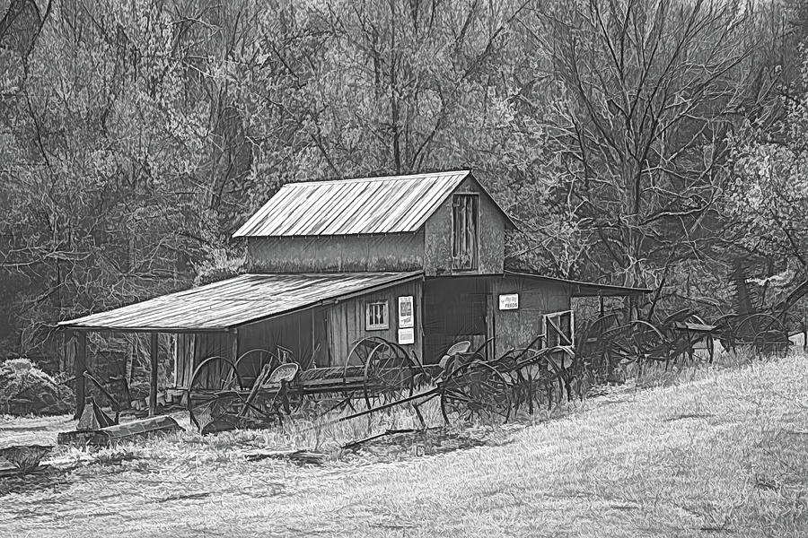 Barn Collectibles on the Farm Black and White Pencil Sketch Photograph by Debra and Dave Vanderlaan