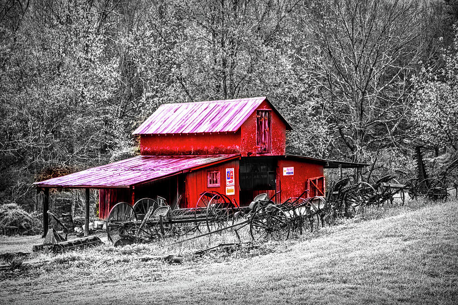 Barn Collectibles on the Farm Red Barn in Black and White  Photograph by Debra and Dave Vanderlaan