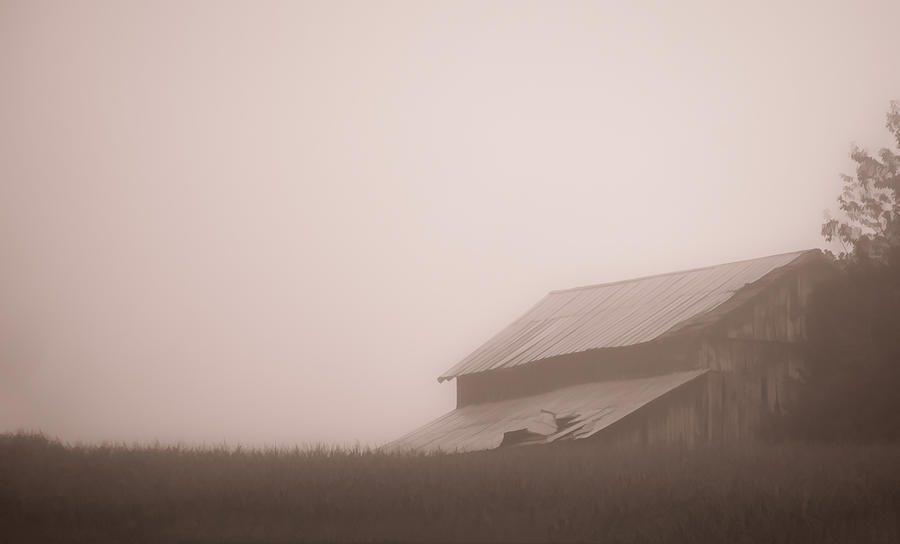 Barn in a Kentucky Summer Morning Fog - b/w Photograph by Greg Jackson