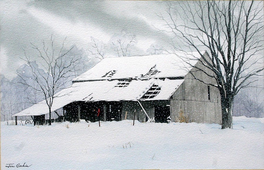 Barn in Snow Painting by Jim Gerkin