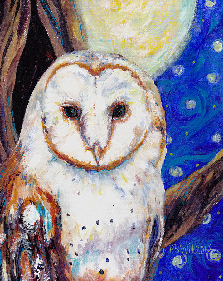 Barn Owl in Starry Night Painting by Peggy Wilson