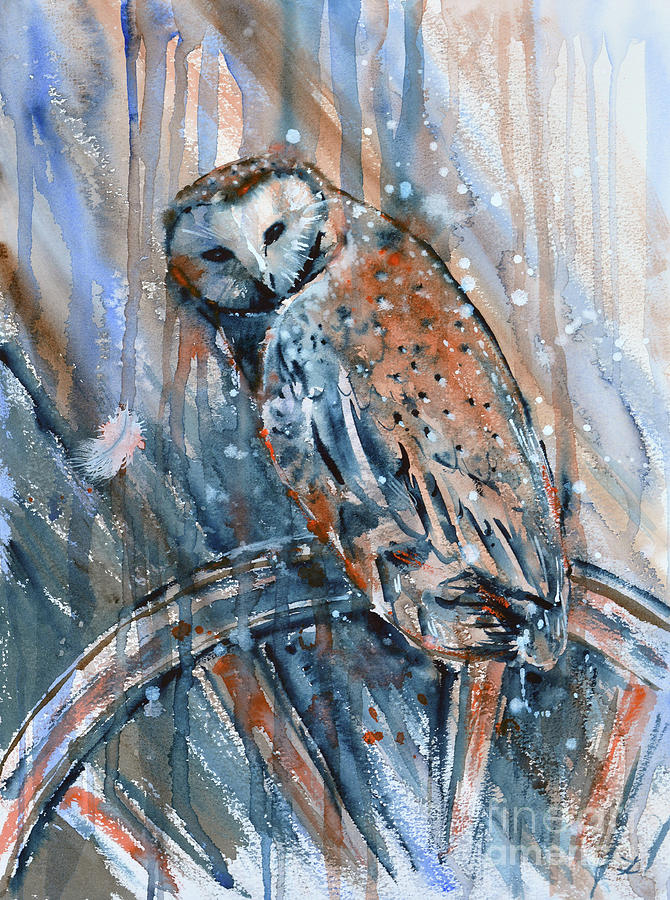 Barn Owl On The Old Wagon Wheel  Painting by Zaira Dzhaubaeva