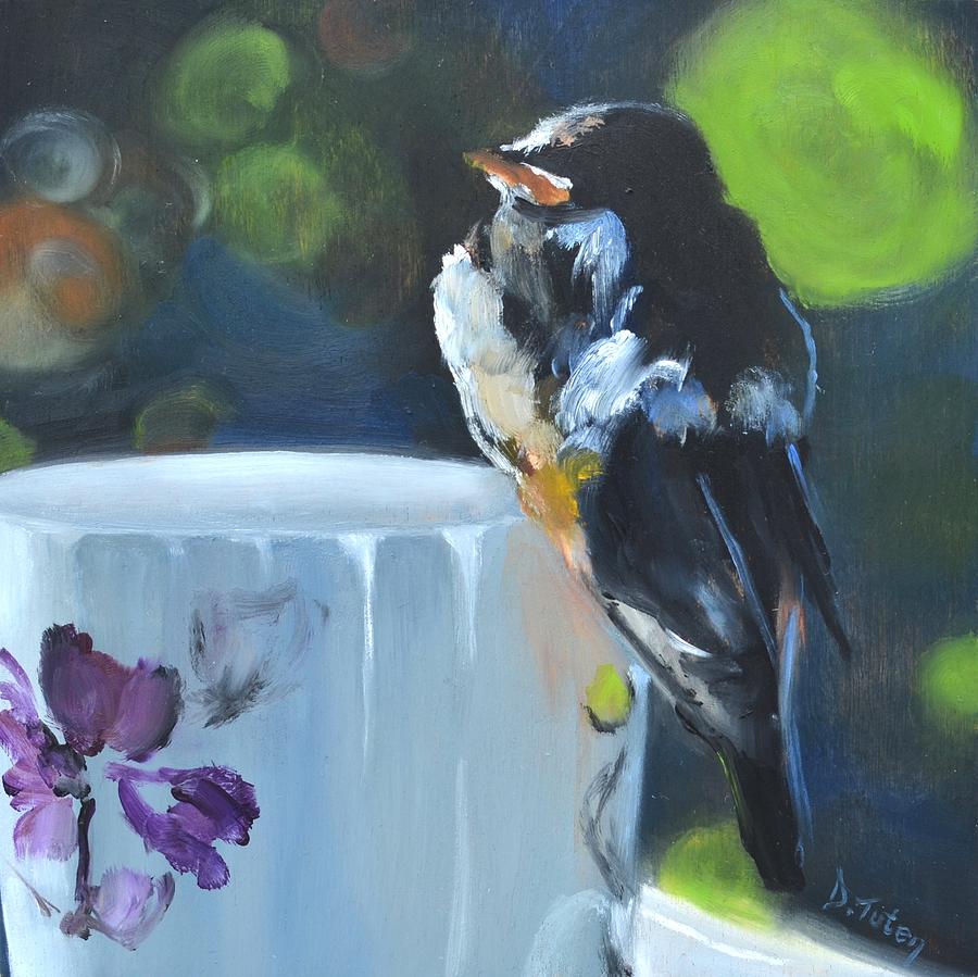 Barn Swallow on Teacup oil painting Painting by Donna Tuten