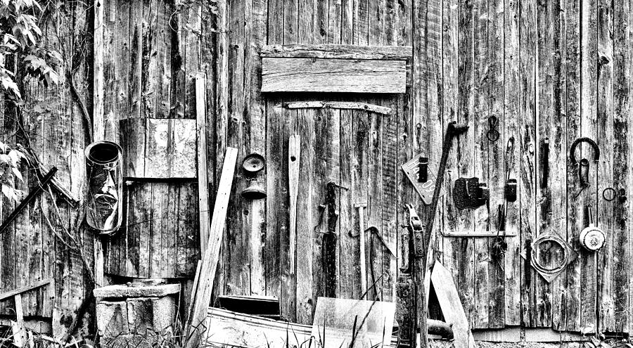 Barn Wall Display - Black and White Photograph by Jeremy Hall