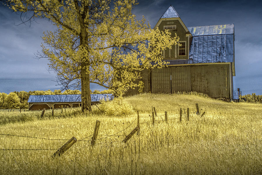 Barn with Barb Wire Fence in Infrared Photograph by Randall Nyhof