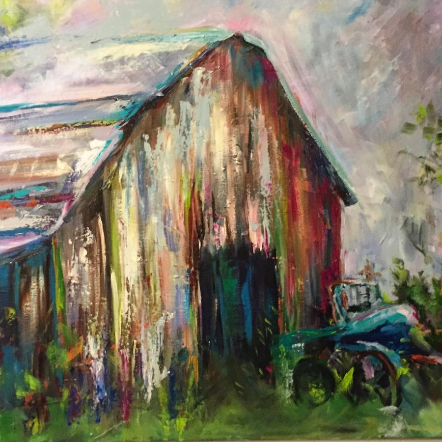 Barn with Turquoise Truck Painting by Karen Ahuja