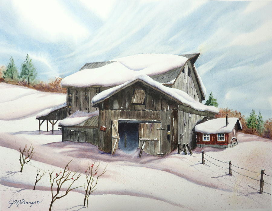 Barns in Snow Painting by Joseph Burger