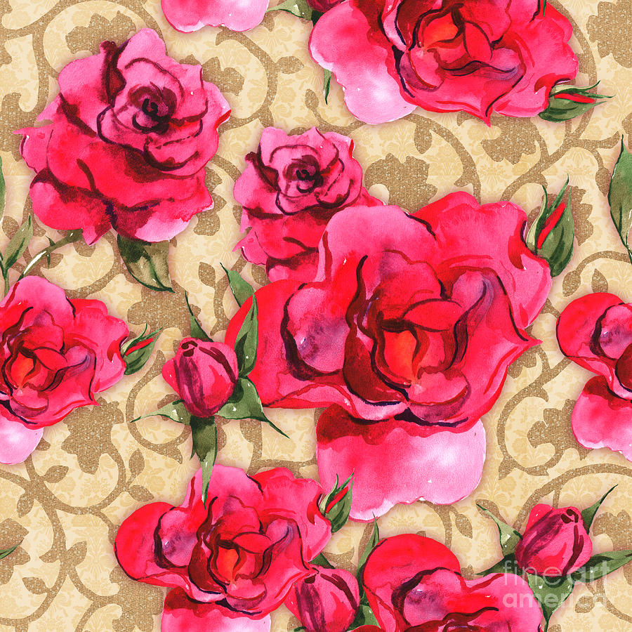 Rose Painting - Baroque Roses, painterly roses against damask by Tina Lavoie