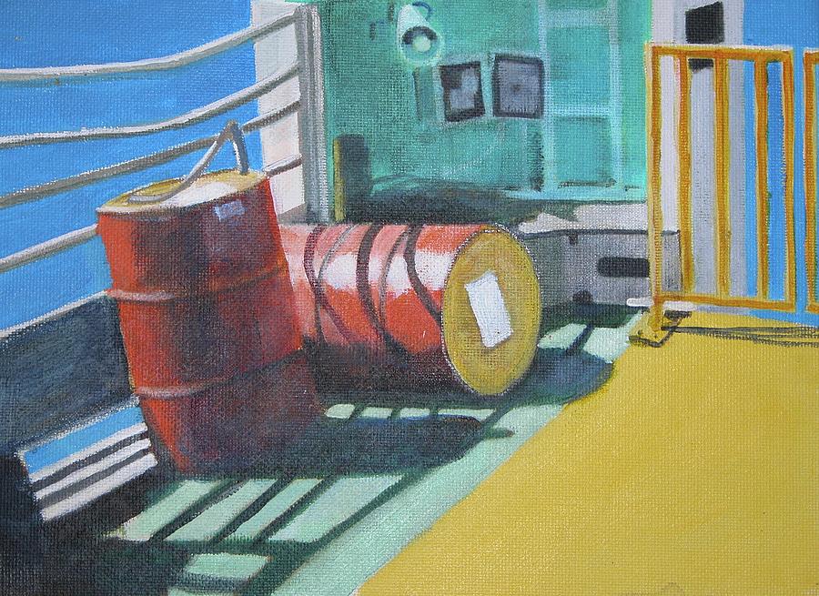 Barrels on the ferry to Puntarenas Costa Rica Painting by Walt Maes