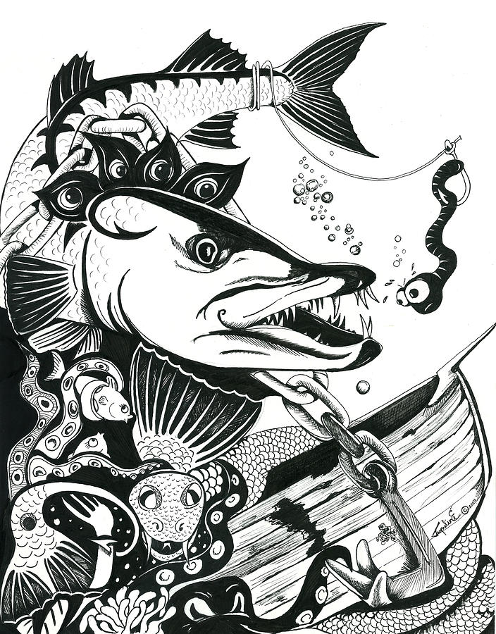 Barracuda Drawing - Barrycuda and Worm by Jacqueline Endlich Barracuda Drawing - Barrycuda and Worm by Jacqueline Endlich