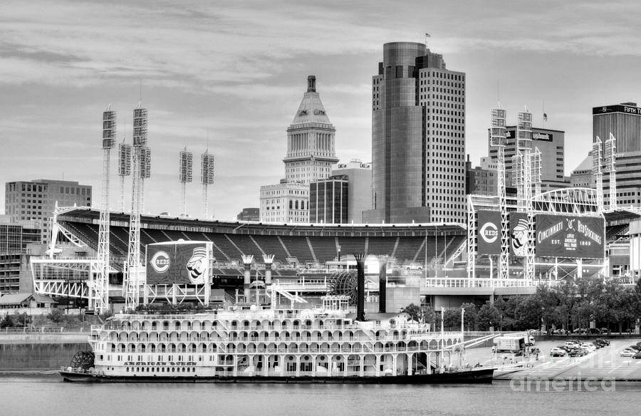 Baseball and Boats In Cincinnati Black and White Photograph by Mel Steinhauer