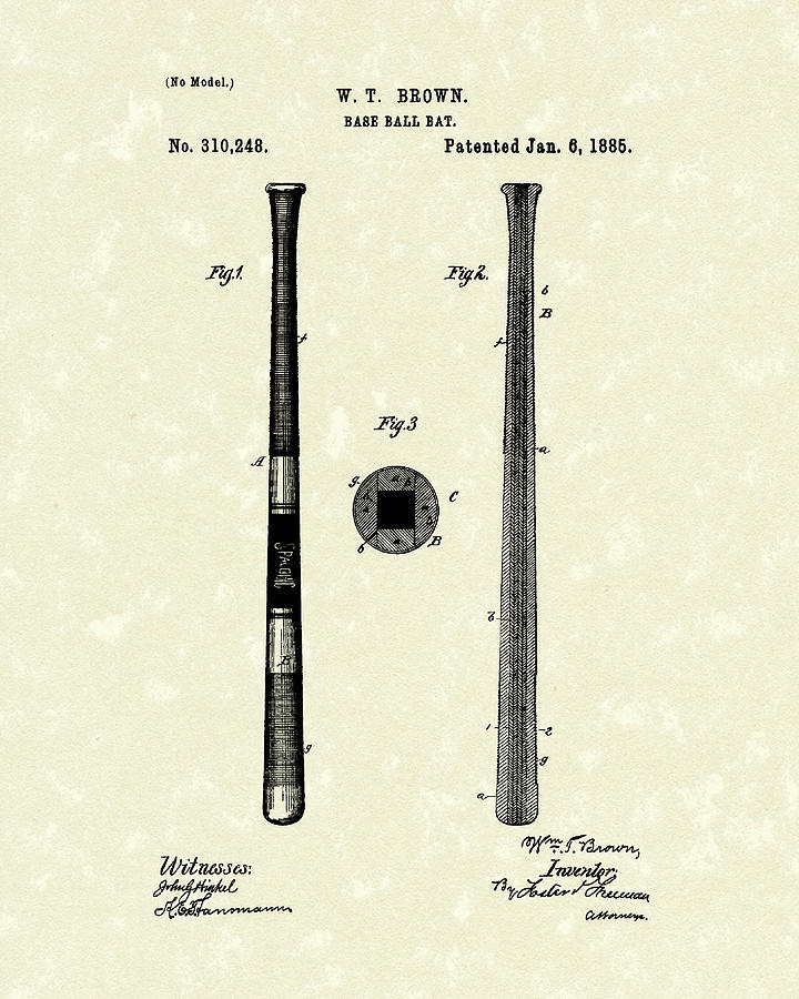 Baseball Bat 1885 Patent Art Drawing by Prior Art Design