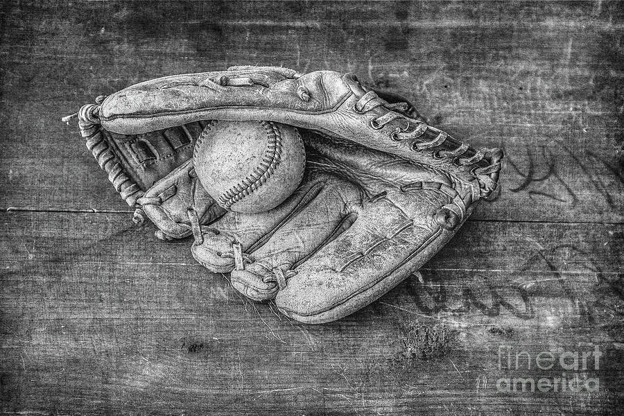 Baseball Glove And Ball Black And White Photograph