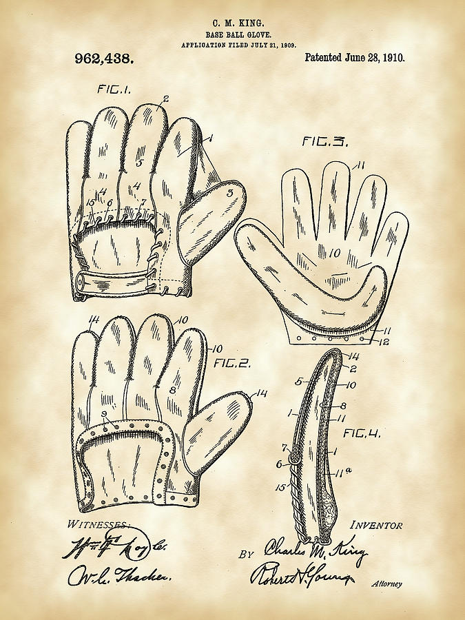Baseball Glove Patent 1909 - Vintage Digital Art by Stephen Younts