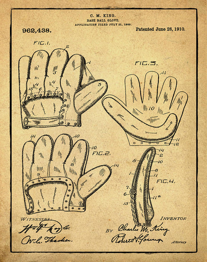 Baseball Photograph - Baseball Glove Patent 1910 Sepia with Border by Bill Cannon