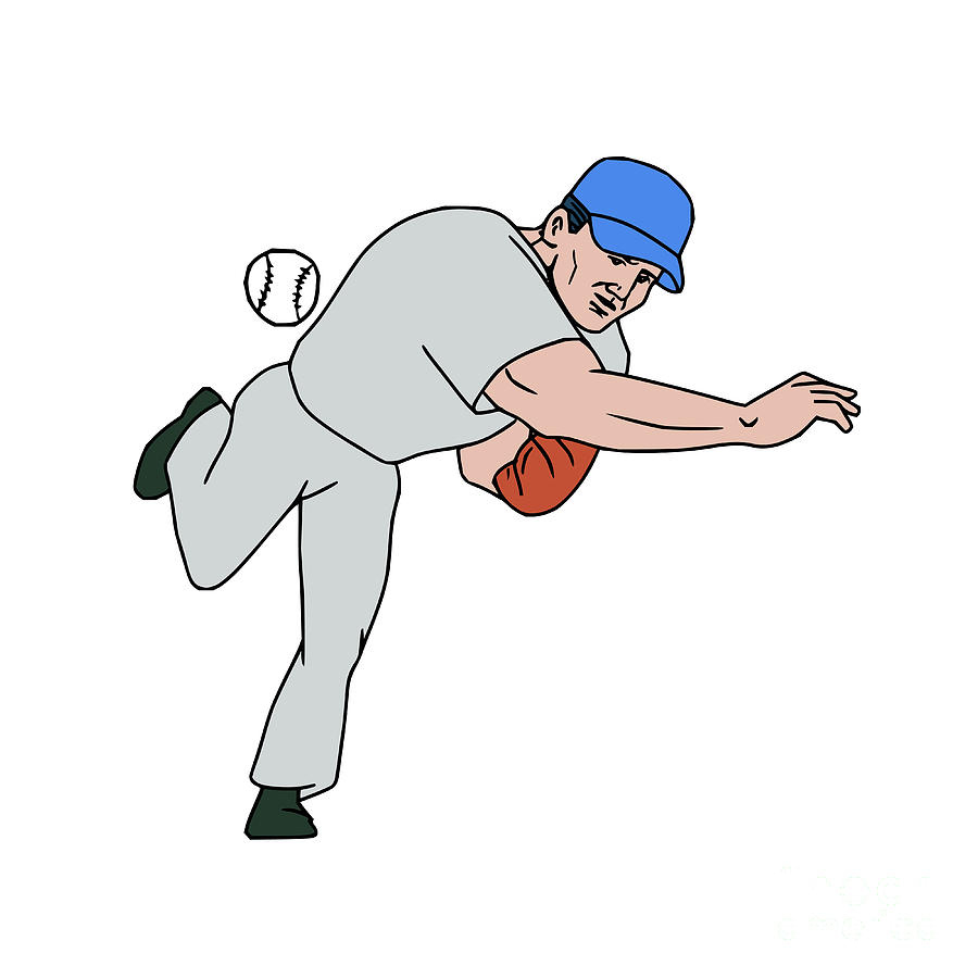 Cartoon Illustration Of A Baseball Player Pitcher Pitching Ball