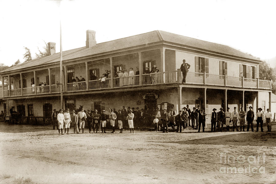 Baseball Photograph - Baseball team in front of Plaza Hotel in San Juan Bautista Calif. circa 1915 by Monterey County Historical Society