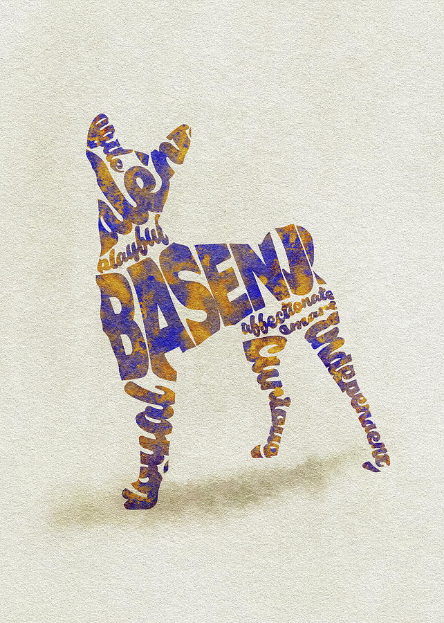 Basenji Dog Watercolor Painting / Typographic Art Painting by Inspirowl Design