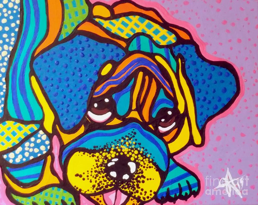 Boston Painting - Bashful Bulldog Dogs Pet Lover Fun Colorful AnimalsDog Puppy by Jackie Carpenter