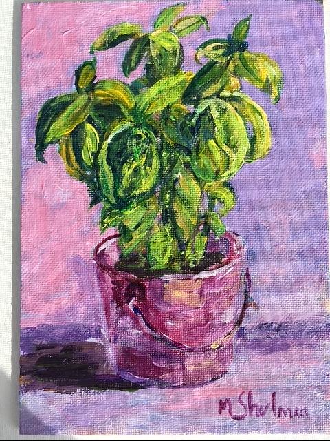Basil in a pink pail Painting by Madeleine Shulman