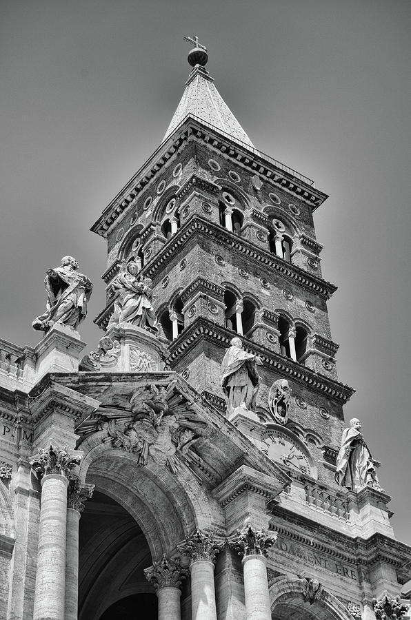 Basilica di Santa Maria Maggiore Clock Tower Black and White Photograph by Shawn OBrien