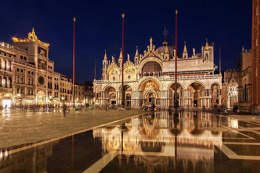 Architecture Photograph - Basilica San Marco Reflections at Night - Venice, Italy by Barry O Carroll