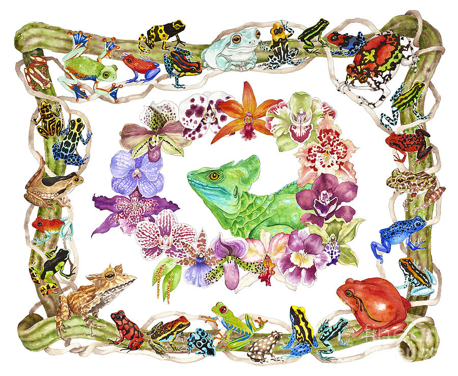 Basilisk, Orchids, Frogs Painting by Lucy Arnold