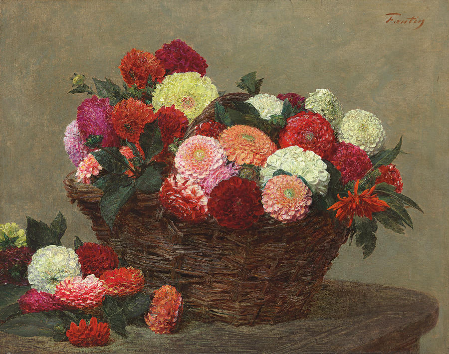 Still Life Painting - Basket of Dahlias by Henri Fantin-Latour