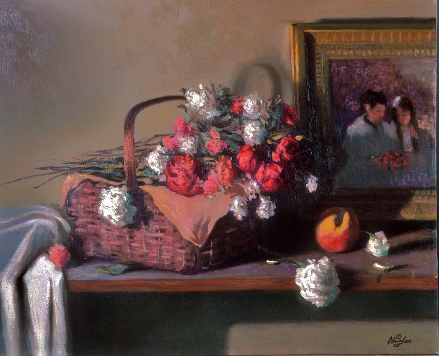 Still Life Painting - Basket of flowers with painting in background by David Olander
