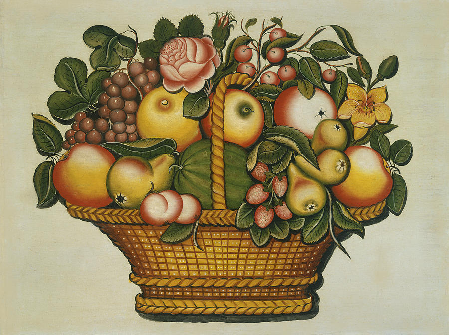 Basket of Fruit And Flowers Painting by American 19th Century