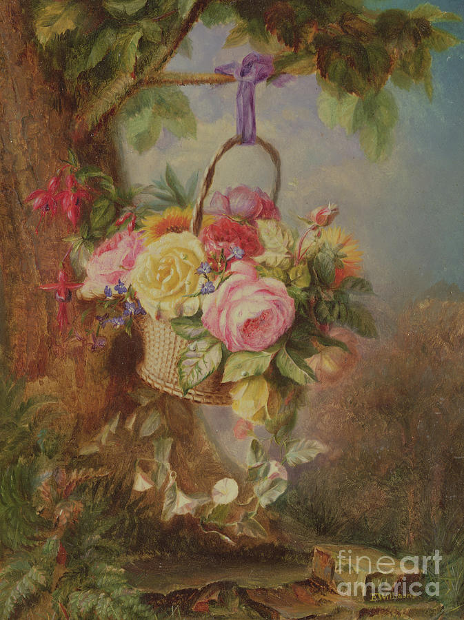 Basket of Roses with fuschia, 19th century Painting by Edward Charles Williams