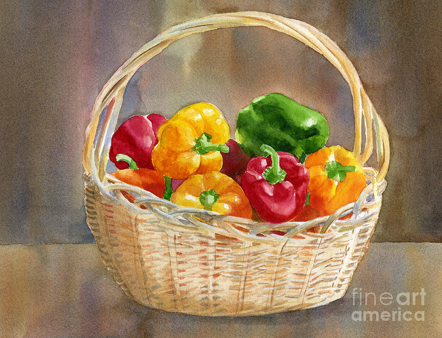 Basket Painting - Basket of Yellow Green and Red Peppers by Sharon Freeman
