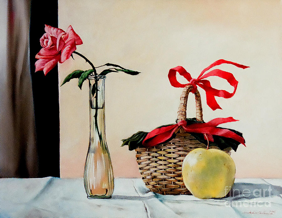Still Life Painting - Basket with rose and apple by Christopher Shellhammer