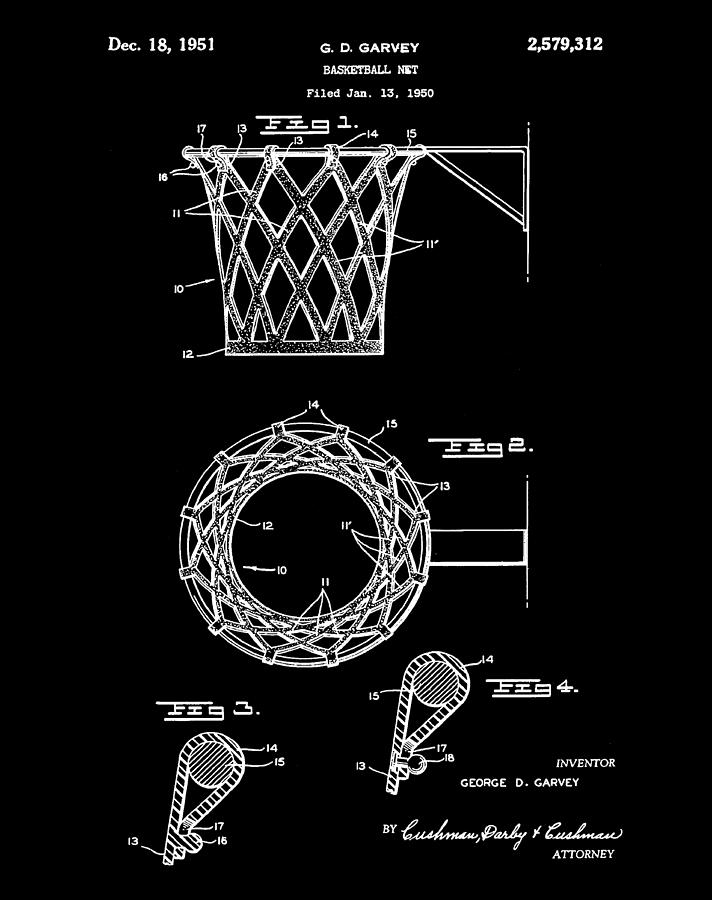 Basketball Net Patent 1951 in Black Drawing by Bill Cannon