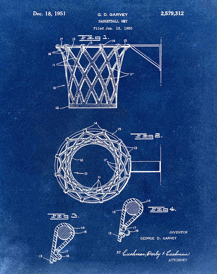 Basketball Net Patent 1951 in Blue Drawing by Bill Cannon
