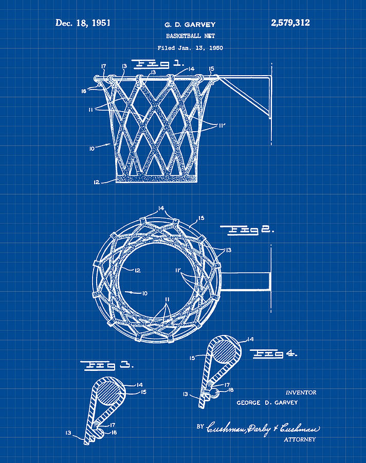 Basketball Net Patent 1951 in Blue Print Drawing by Bill Cannon