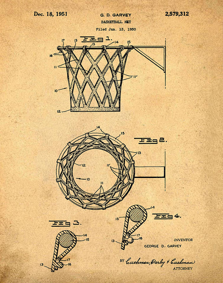 Basketball Net Patent 1951 in Sepia Drawing by Bill Cannon