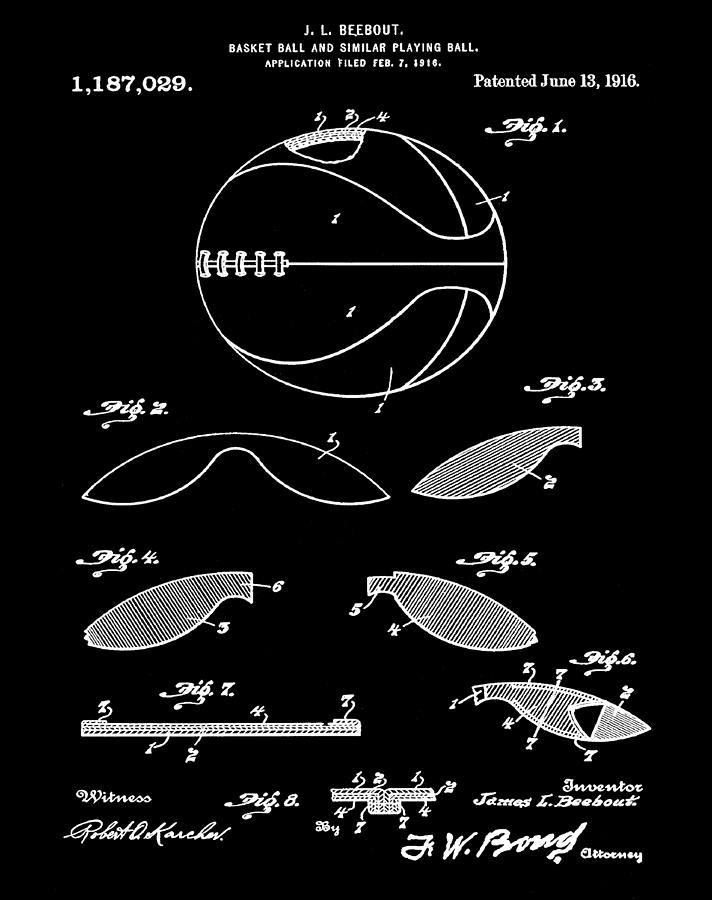 Basketball Patent 1916 Black Digital Art by Bill Cannon
