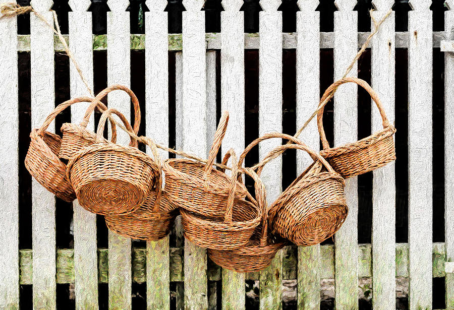 Baskets Hanging On Picket Fence Photograph by Gary Slawsky