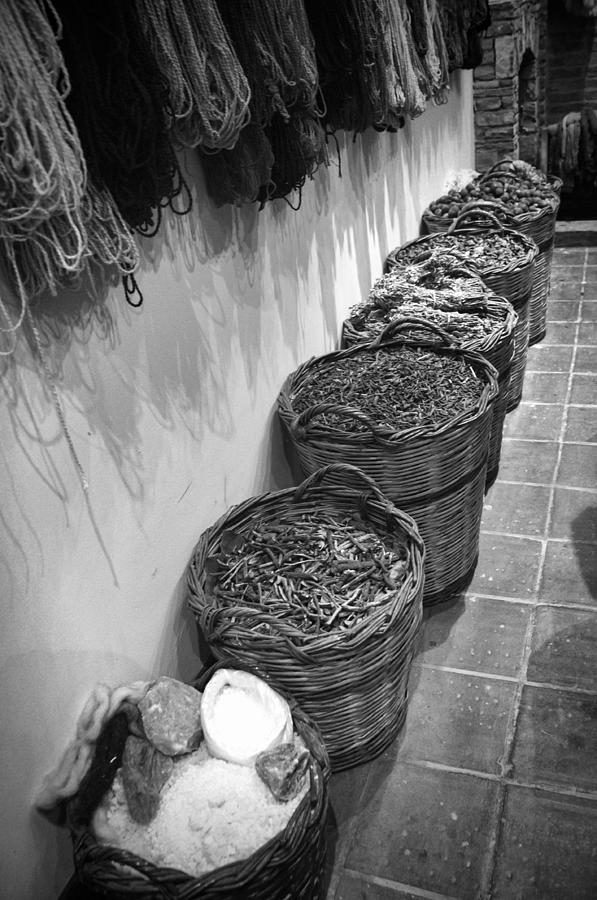 Black And White Photograph - Baskets of Dyes BW by Phyllis Taylor