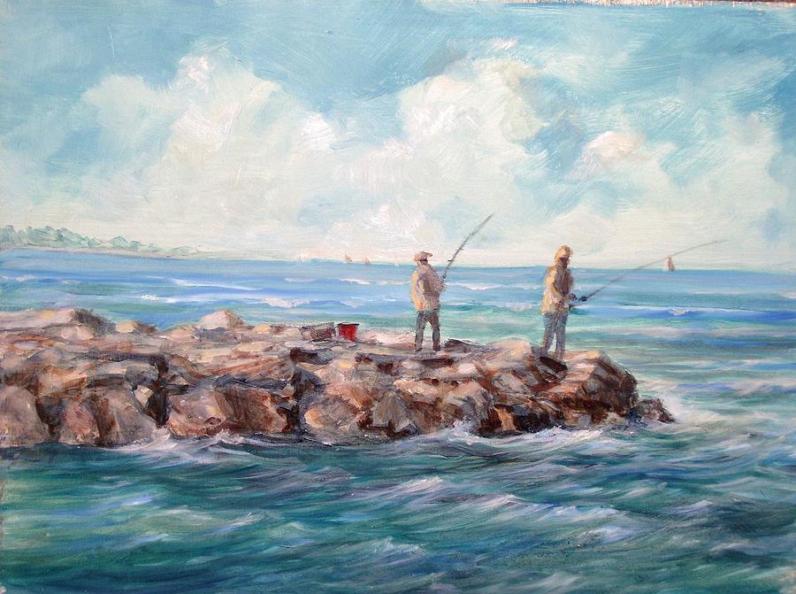 Bass fishing off Newport Painting by Perrys Fine Art