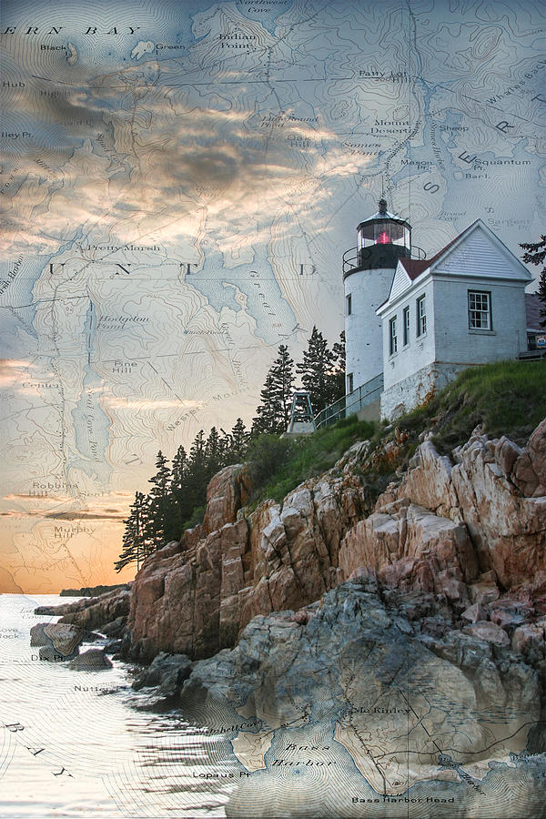 Bass Harbor lighthouse on Maine nautical chart Digital Art by Jeff Folger