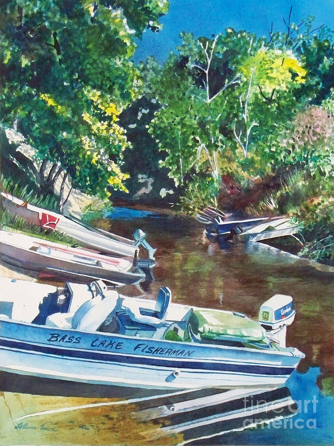 Bass Lake Channel, Pentwater, Michigan, Fishing boats, Boating, Boat Paintings, Boat Prints Painting by LeAnne Sowa