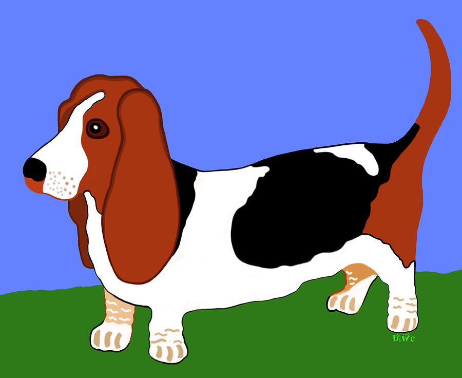 Cartoon Basset Hound In The Yard Painting by Marian Cates