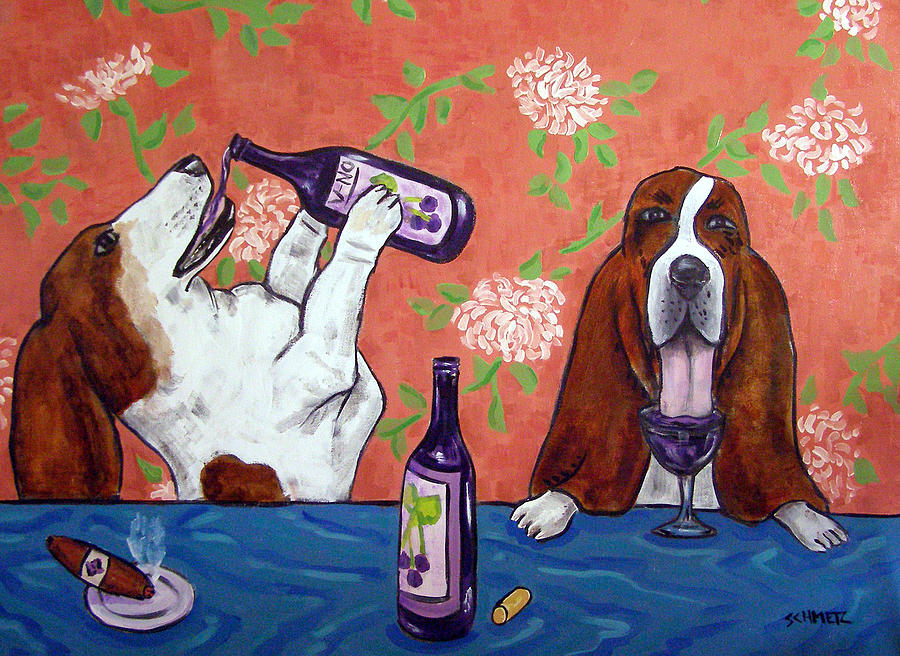 Wine Painting - Basset Hounds at the Wine Bar by Jay  Schmetz