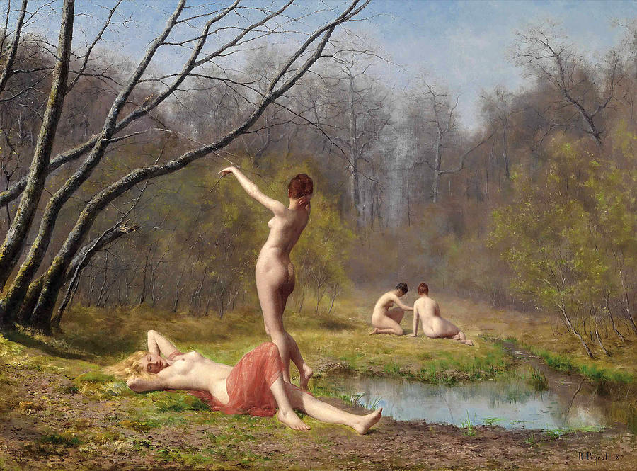 Bathers in the forest Painting by Rene Peyrol