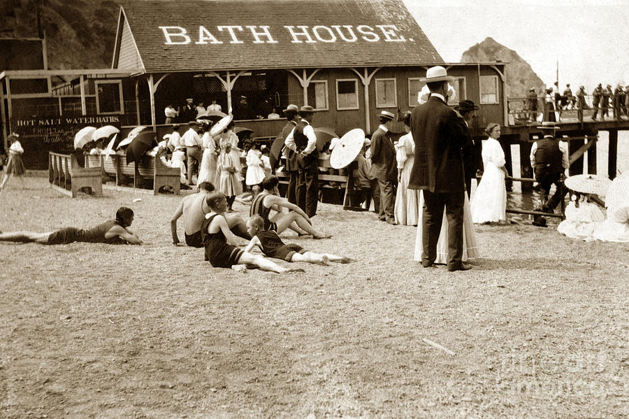 Pier Photograph - Bathhouse and pier and bathers Santa Catalina Island circa 1900 by Monterey County Historical Society