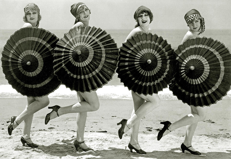 Beach Photograph - Bathing beauties with parasols by American School