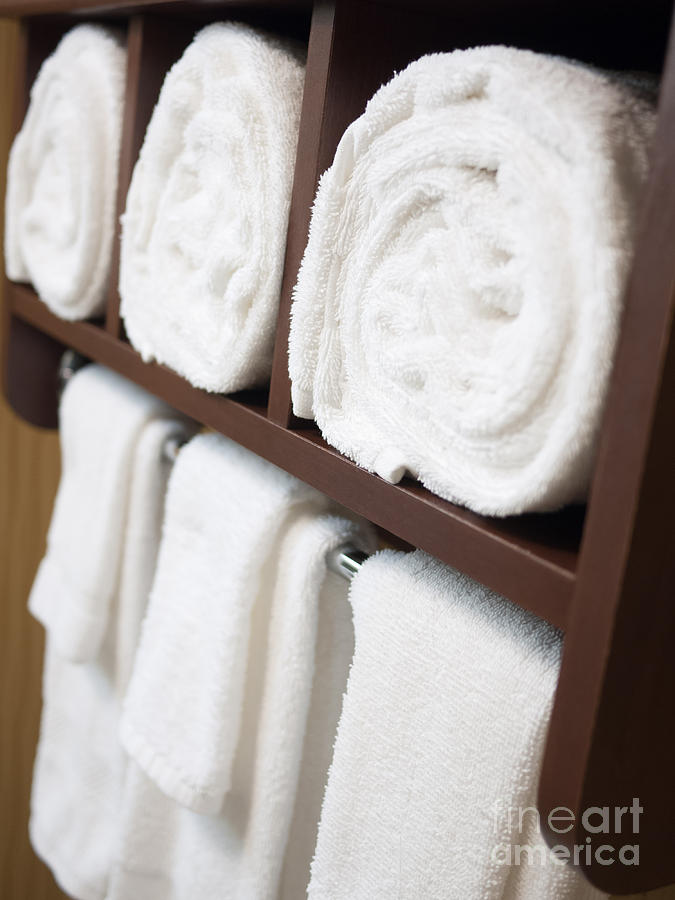 Bathroom Photograph - Bathroom Towel Rack with Rolled Towels by Paul Velgos
